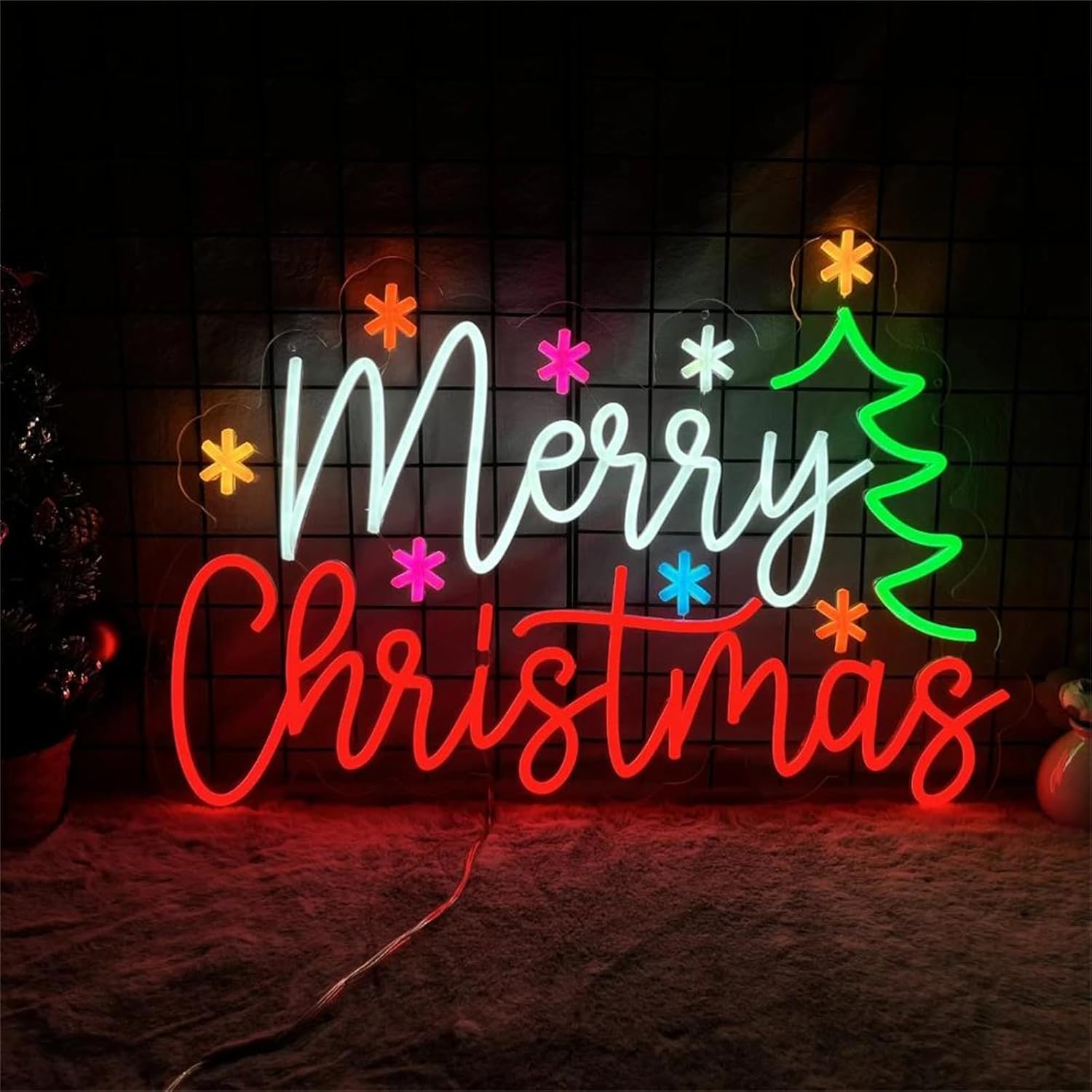 Lighting Home Decor Ideas - Frohe Weihnachten-Neonschild mit bunten Sternen und