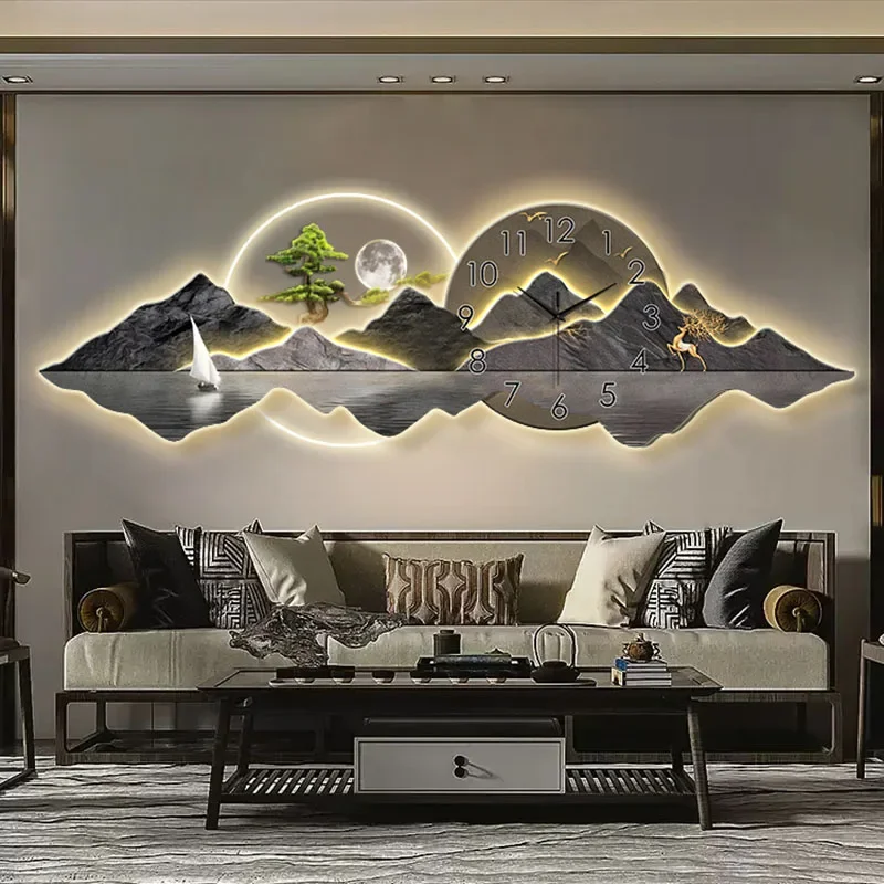 Lighting Home Decor Wall Clocks - Moderne chinesische Malerei mit Uhr, LED-Licht,