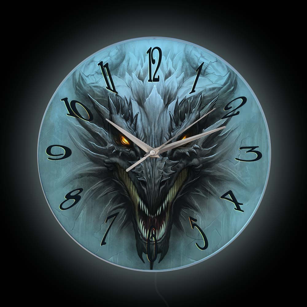 Lighting Home Decor Wall Clocks - Gotische Böse Drachenkopf Leuchtende Wanduhr mit
