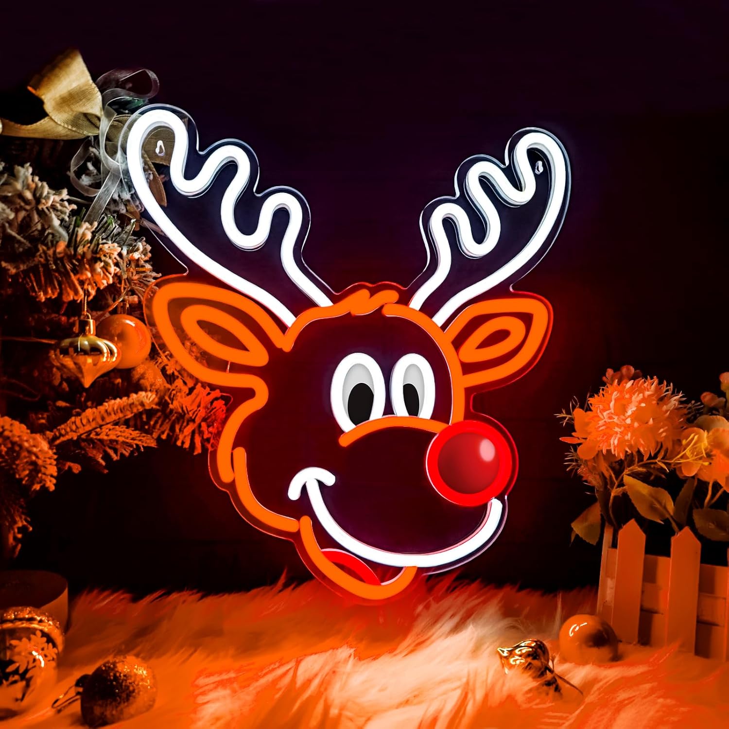 Lighting Home Decor Ideas - Niedliches Weihnachts-Rentier-Neonschild mit roter Nase, LED-Licht